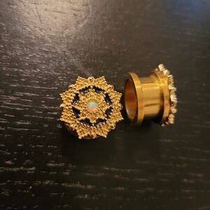 Ancient sheild with opal center 14k gold plated threaded steel plugs 9/16
